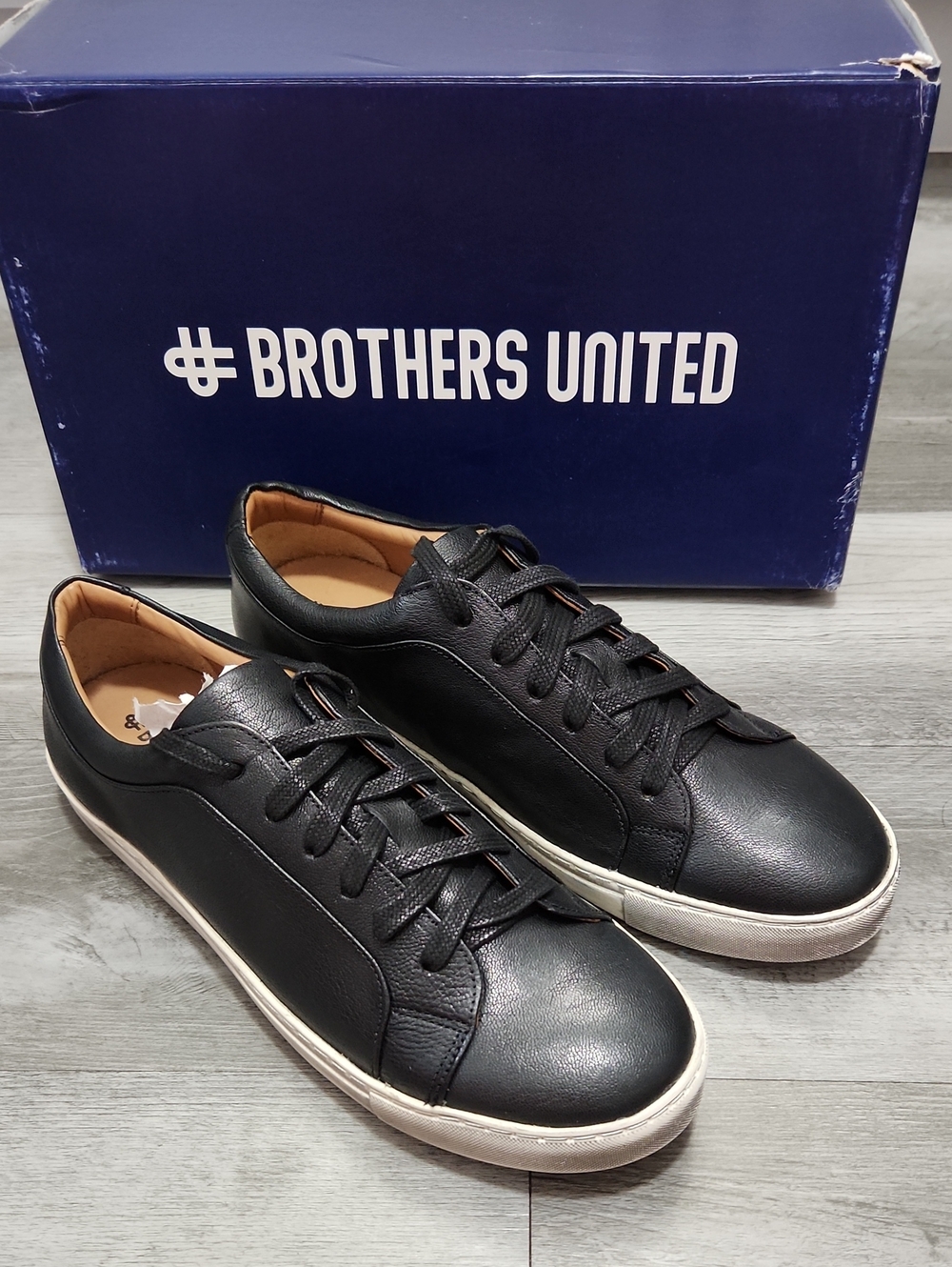 Brothers United Bond Street Black Glaze Leather Sneakers with White Sole Mens 10
